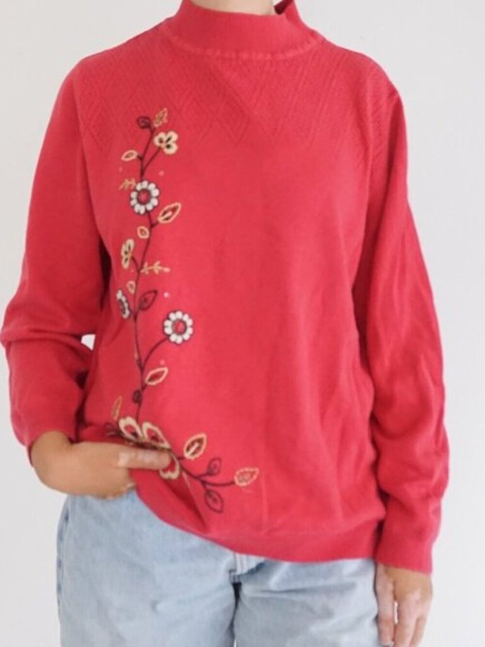 VTG Alfred Dunner Red Cotton Retro 90s Eclectic Grandpa Mock Neck Sweater XL